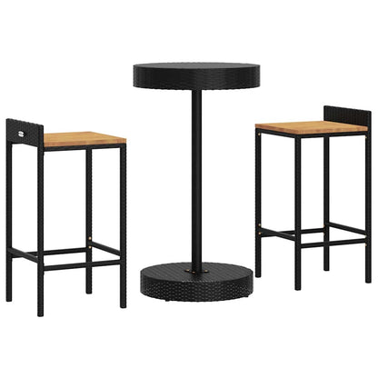 Set Bar Giardino 3 pz Nero Polyrattan e Legno Massello Acacia | homemem39