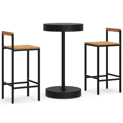 Set Bar Giardino 3 pz Nero Polyrattan e Legno Massello Acacia | homemem39