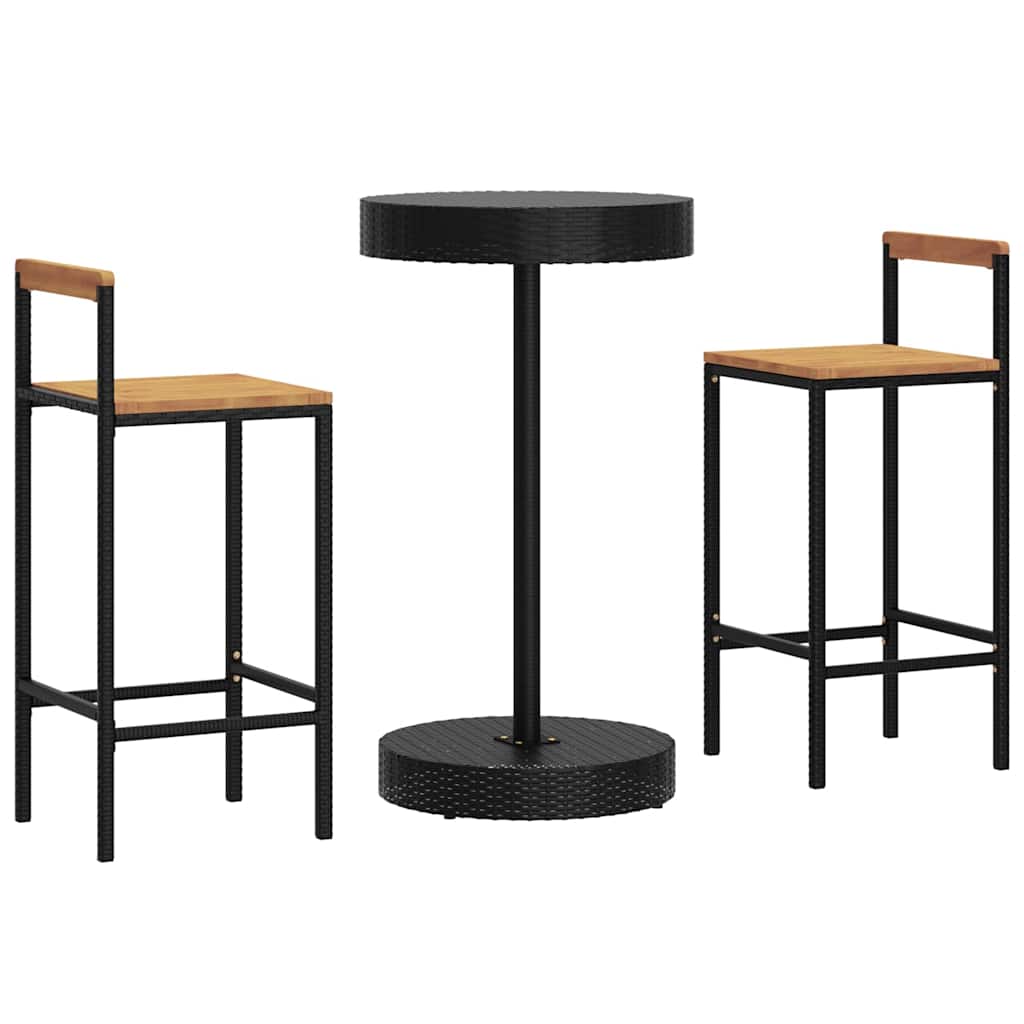 Set Bar Giardino 3 pz Nero Polyrattan e Legno Massello Acacia | homemem39