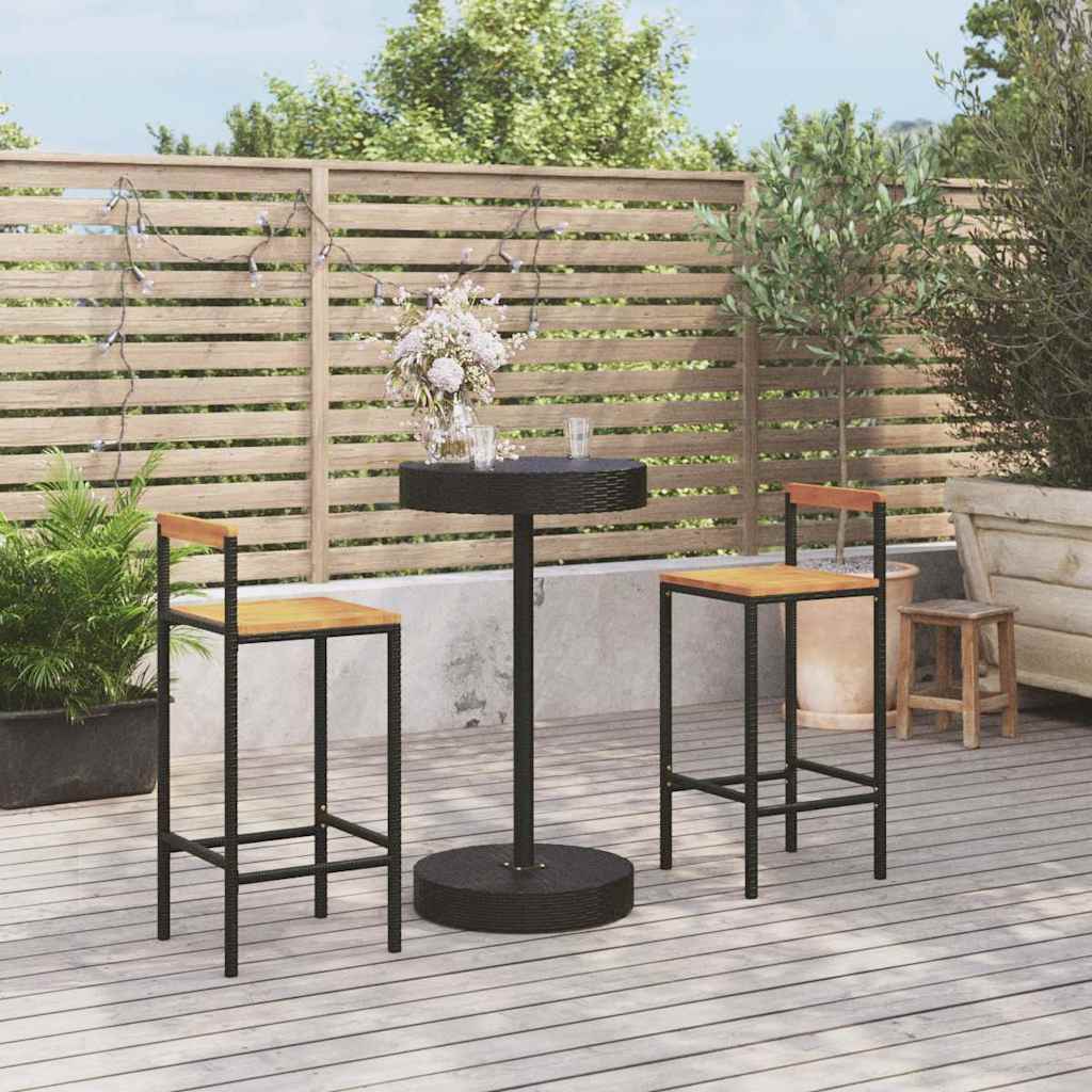 Set Bar Giardino 3 pz Nero Polyrattan e Legno Massello Acacia | homemem39