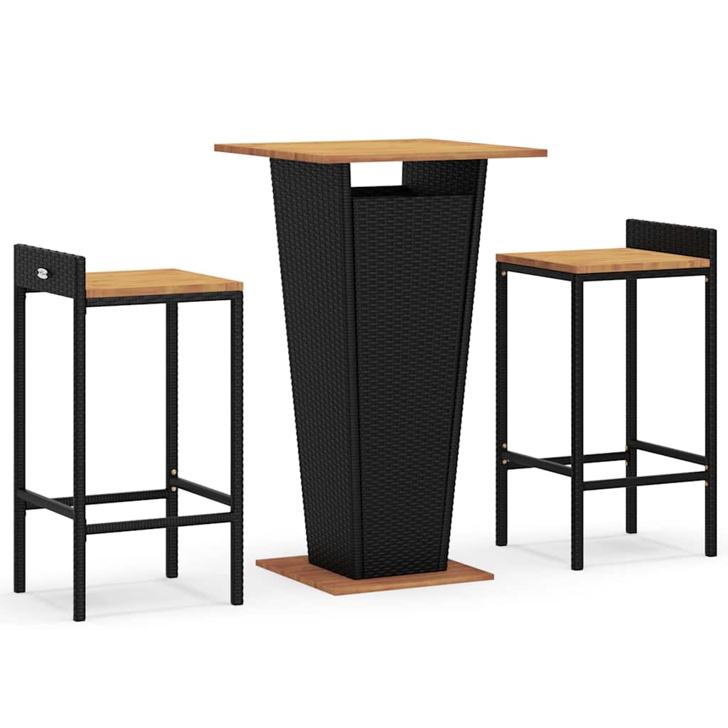 Set Bar Giardino 3 pz Nero Polyrattan e Legno Massello Acacia | homemem39