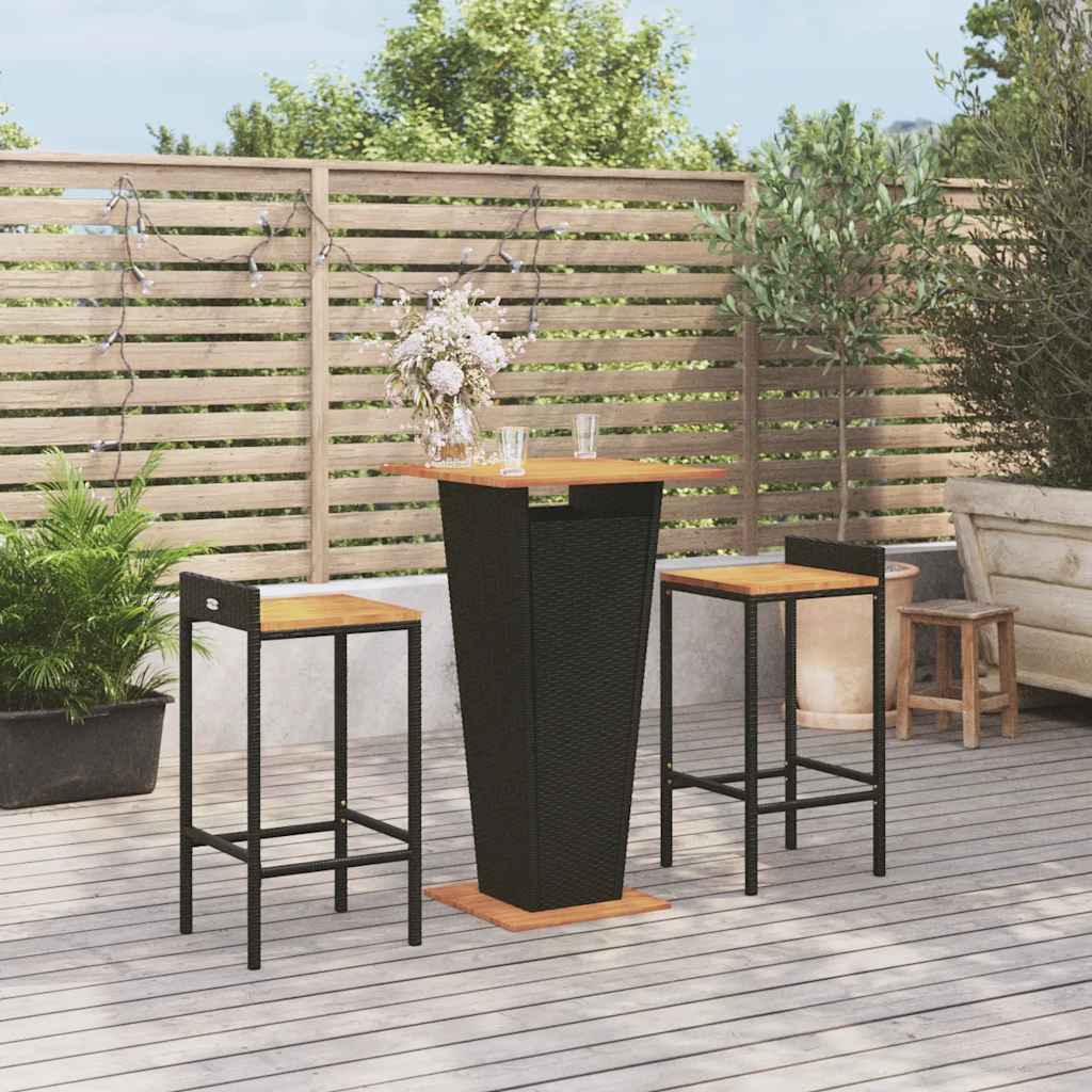 Set Bar Giardino 3 pz Nero Polyrattan e Legno Massello Acacia | homemem39