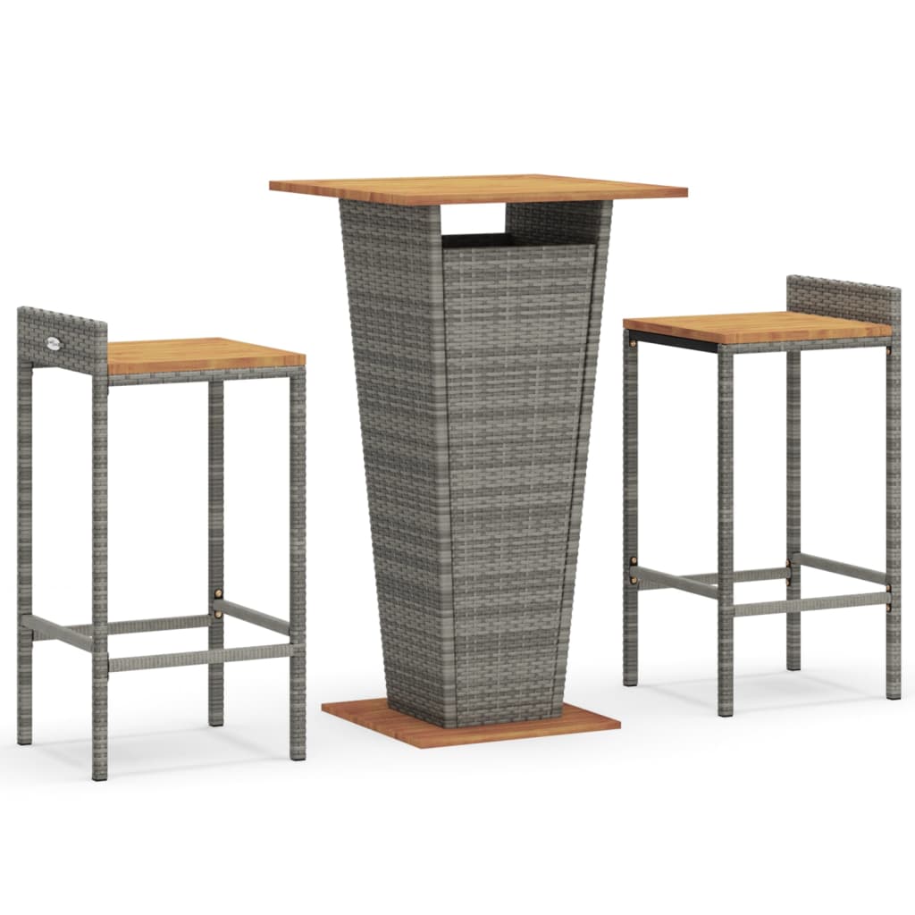 Set Bar Giardino 3pz Grigio Polyrattan e Legno Massello Acacia | homemem39