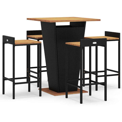 Set Bar Giardino 5 pz Nero Polyrattan e Legno Massello Acacia | homemem39