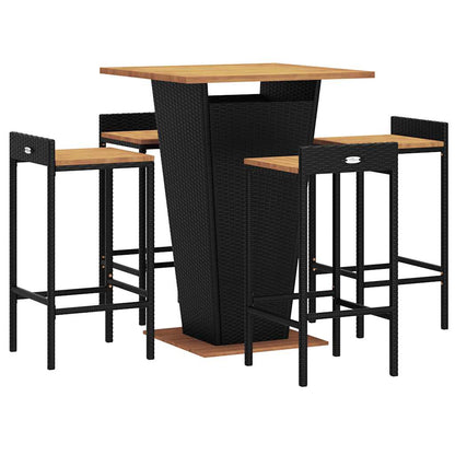 Set Bar Giardino 5 pz Nero Polyrattan e Legno Massello Acacia | homemem39