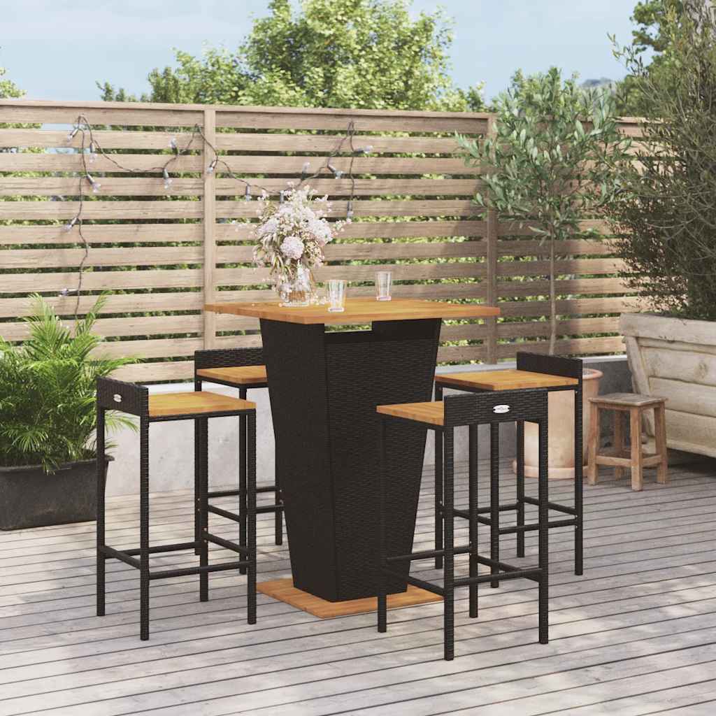 Set Bar Giardino 5 pz Nero Polyrattan e Legno Massello Acacia | homemem39