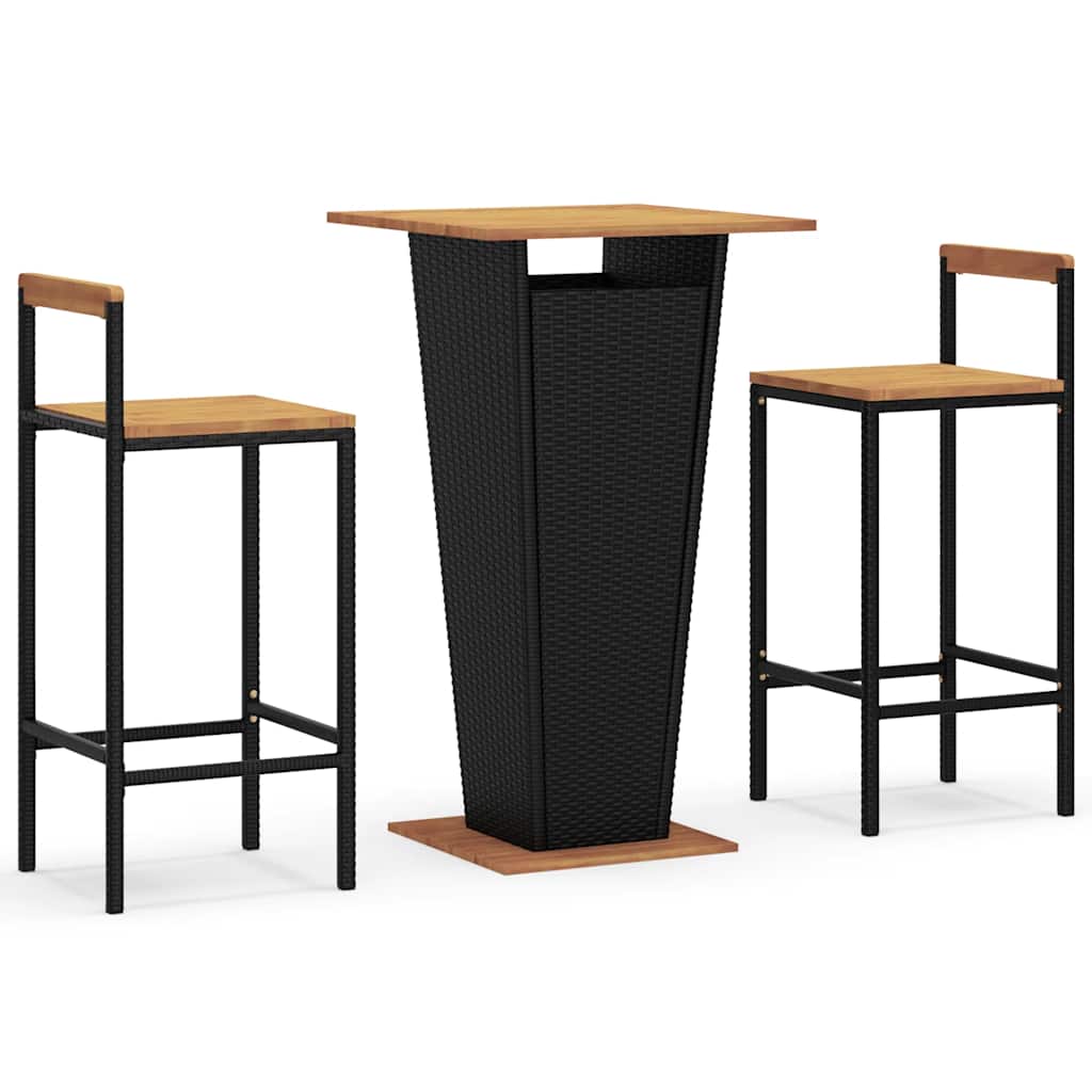 Set Bar Giardino 3 pz Nero Polyrattan e Legno Massello Acacia | homemem39