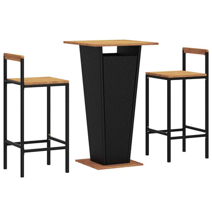 Set Bar Giardino 3 pz Nero Polyrattan e Legno Massello Acacia | homemem39