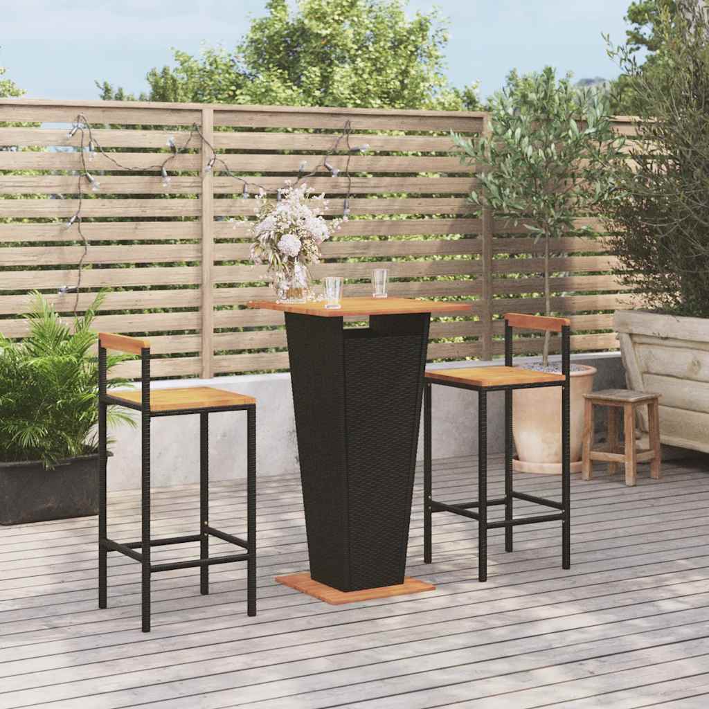 Set Bar Giardino 3 pz Nero Polyrattan e Legno Massello Acacia | homemem39