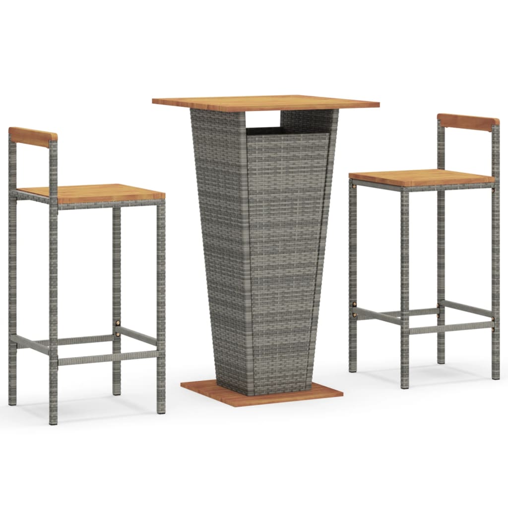 Set Bar Giardino 3pz Grigio Polyrattan e Legno Massello Acacia | homemem39