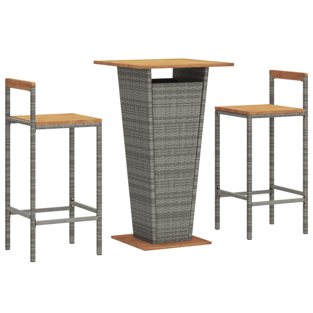 Set Bar Giardino 3pz Grigio Polyrattan e Legno Massello Acacia | homemem39