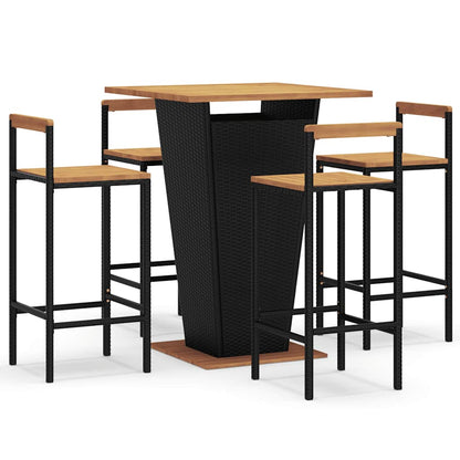 Set Bar Giardino 5 pz Nero Polyrattan e Legno Massello Acacia | homemem39