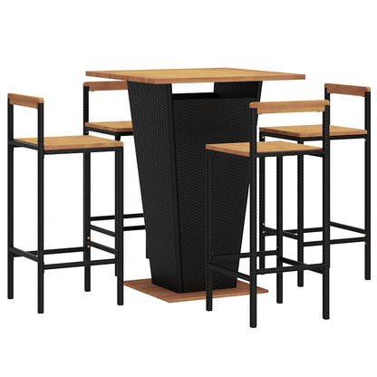 Set Bar Giardino 5 pz Nero Polyrattan e Legno Massello Acacia | homemem39