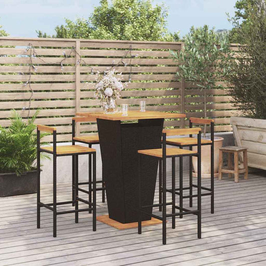 Set Bar Giardino 5 pz Nero Polyrattan e Legno Massello Acacia | homemem39