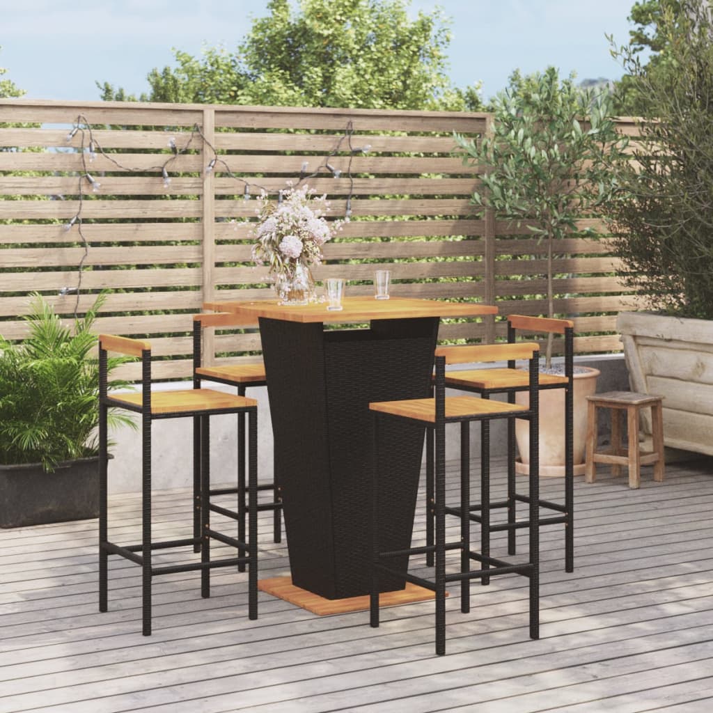 Set Bar Giardino 5 pz Nero Polyrattan e Legno Massello Acacia - homemem39