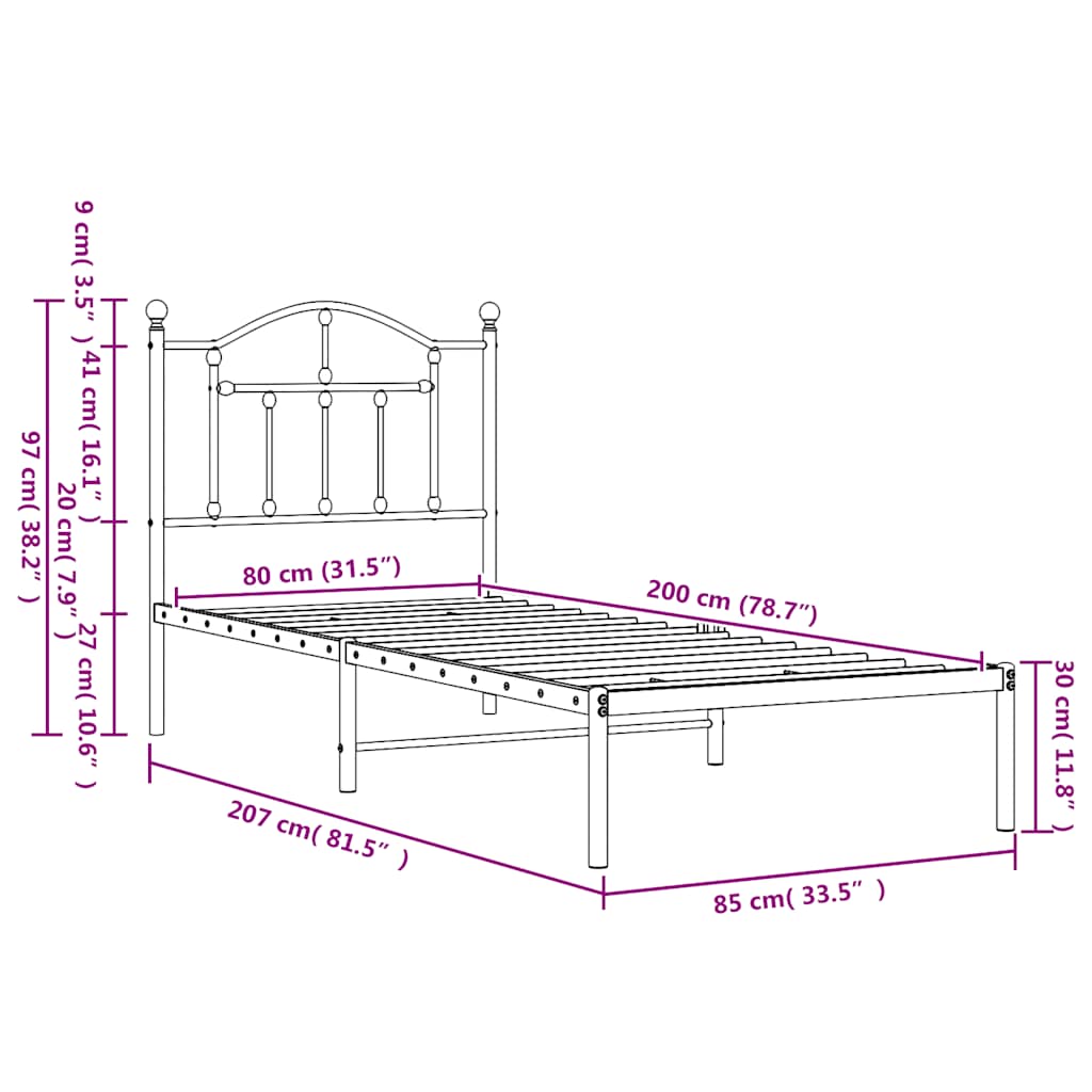 Giroletto con Testiera in Metallo Nero 80x200 cm