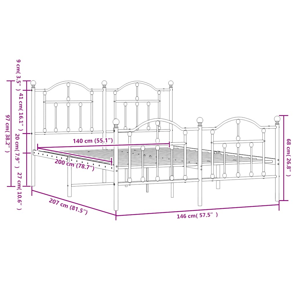 Giroletto con Testiera e Pediera Metallo Nero 140x200 cm | homemem39