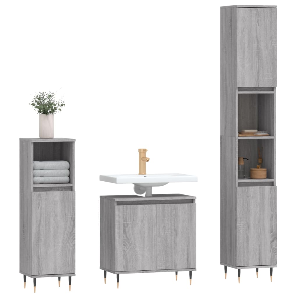 Set Mobili da Bagno 3 pz Grigio Sonoma in Legno Multistrato | homemem39