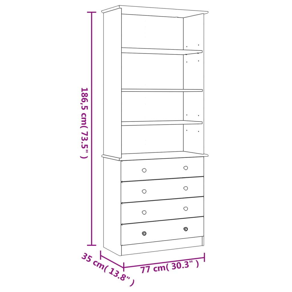 Libreria con Cassetti ALTA Bianca 77x35x186,5 cm Massello Pino | homemem39