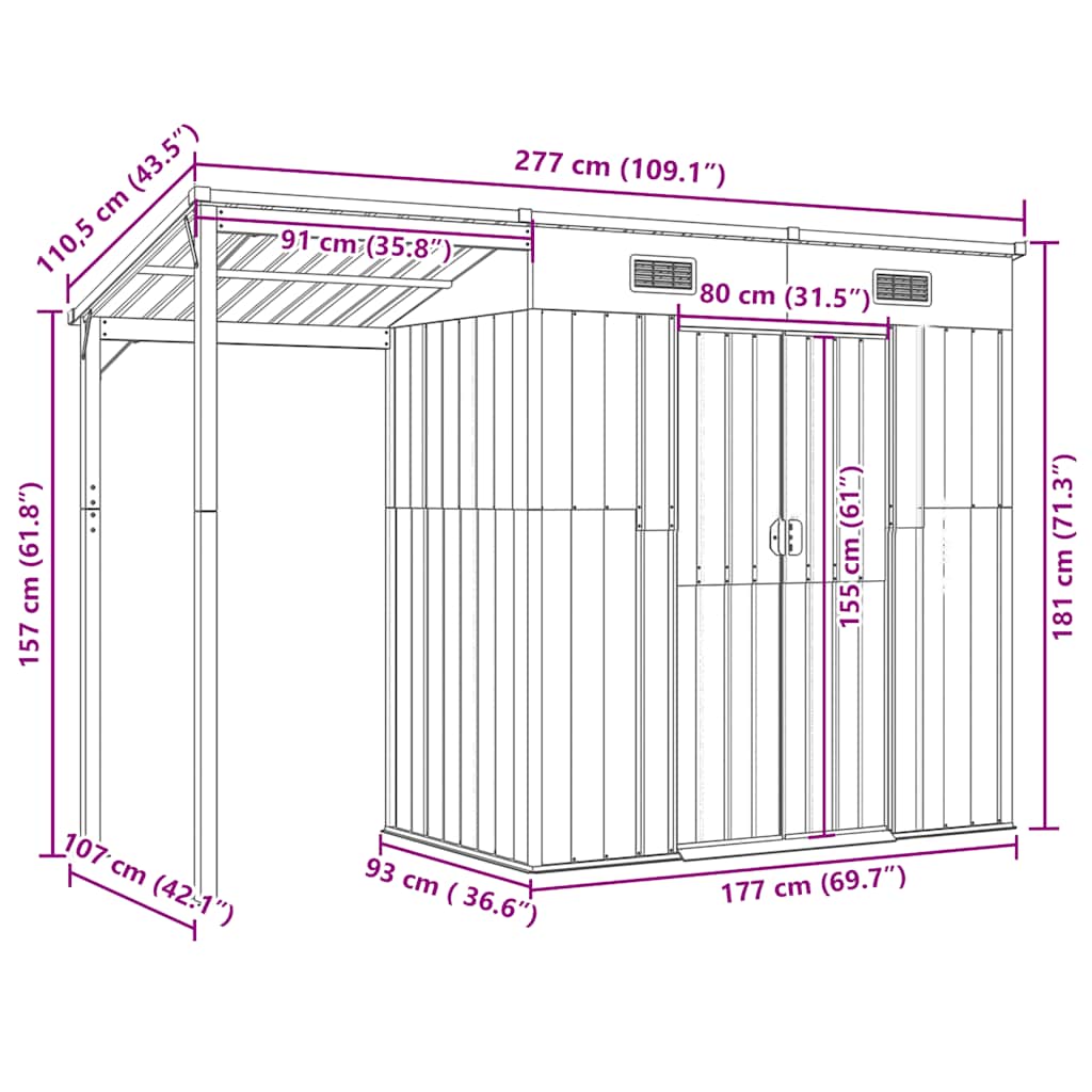 Capanno Giardino Tetto Esteso Antracite 277x107x181cm Acciaio | homemem39