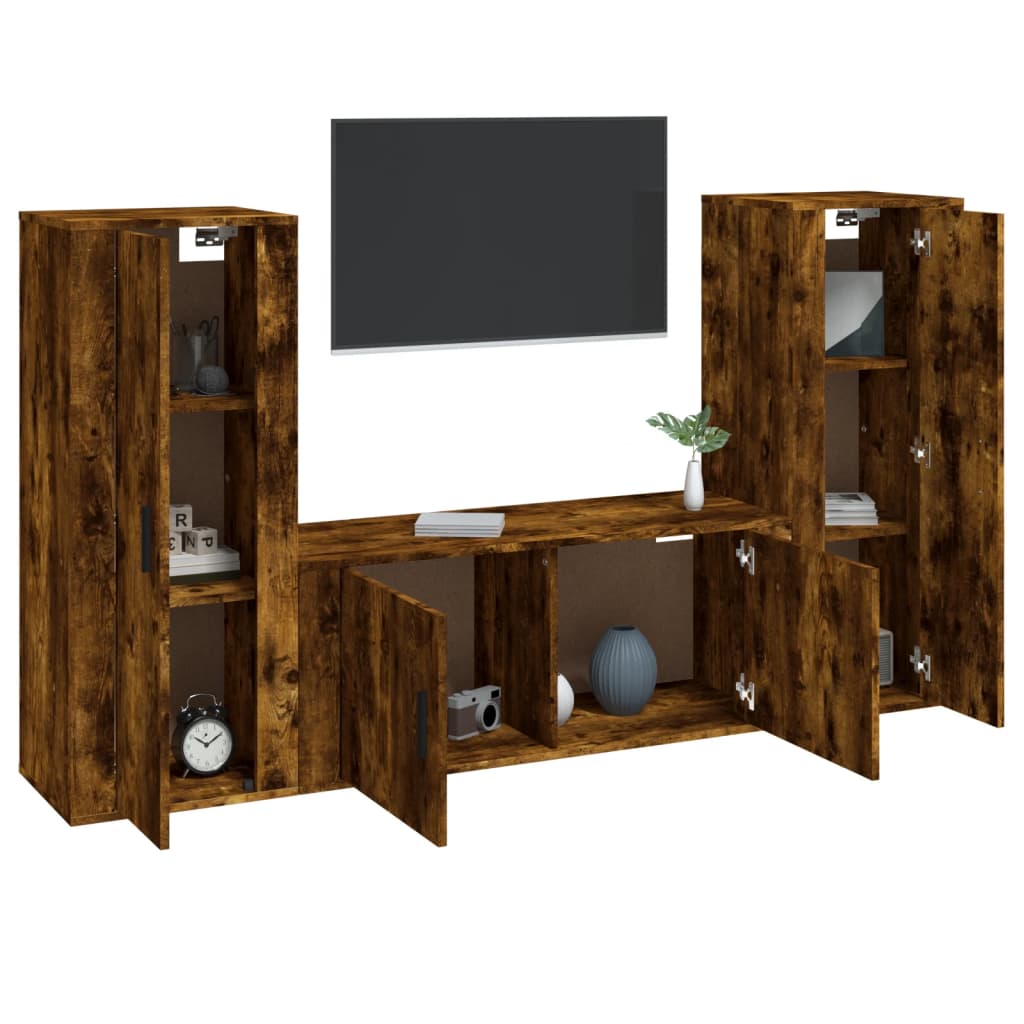 Set Mobili Porta TV 3 pz Rovere Fumo in Legno Multistrato