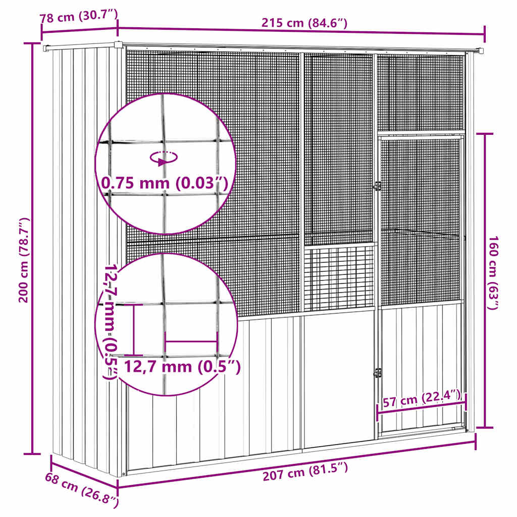 Gabbia per Uccelli Grigia 215x78x200 cm in Acciaio Zincato