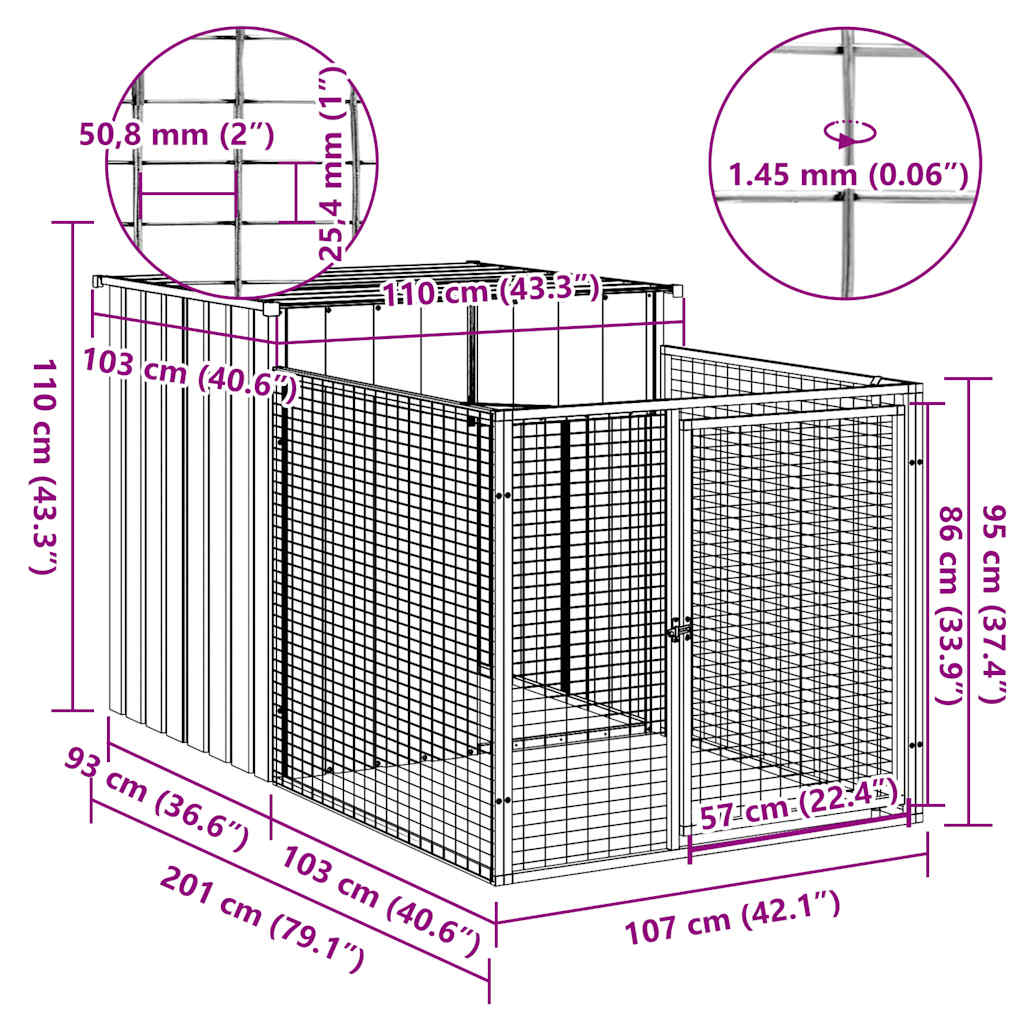 Casetta Cani con Corsa Antracite 110x201x110 cm Acciaio Zincato - homemem39