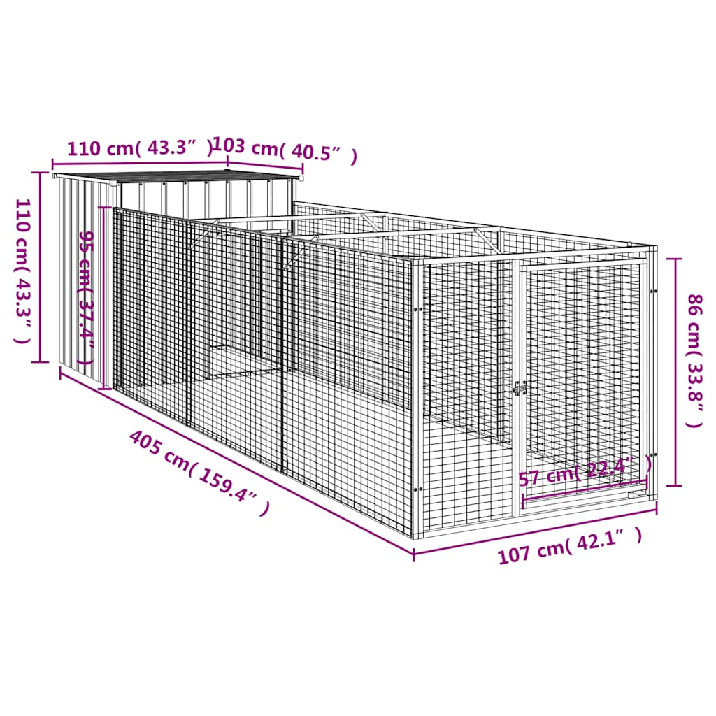 Casetta Cani con Corsa Antracite 110x405x110 cm Acciaio Zincato