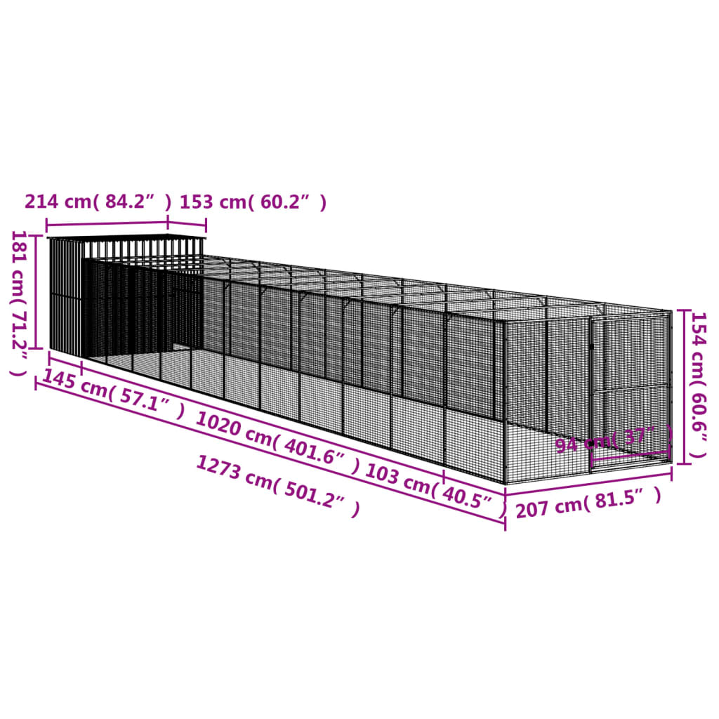Casetta Cani con Corsa Antracite 214x1273x181cm Acciaio Zincato - homemem39