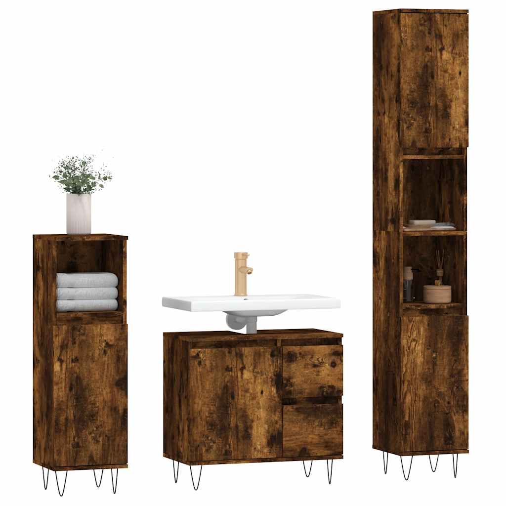 Set Mobili da Bagno 3 pz Rovere Fumo in Legno Multistrato | homemem39