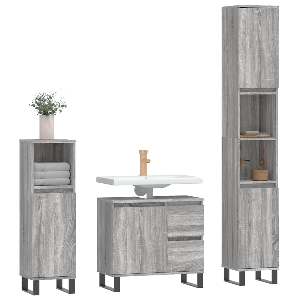 Set Mobili da Bagno 3 pz Grigio Sonoma in Legno Multistrato | homemem39