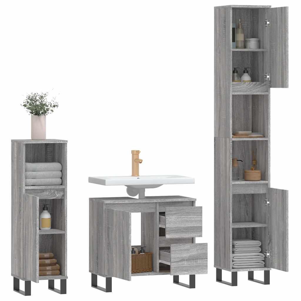 Set Mobili da Bagno 3 pz Grigio Sonoma in Legno Multistrato