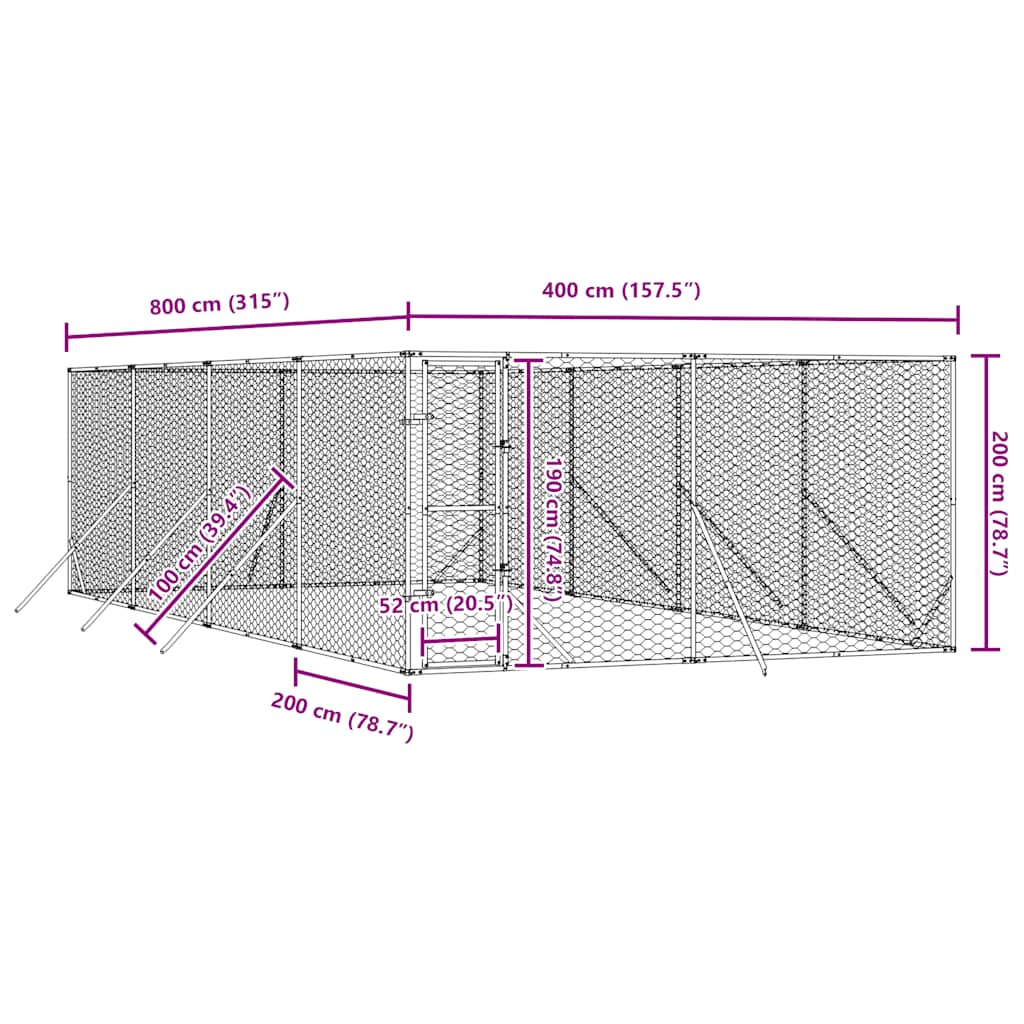Cuccia per Cani da Esterno Argento 4x8x2 m in Acciaio Zincato | homemem39