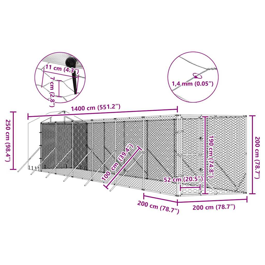 Cuccia Cani da Esterno Tetto Argento 2x14x2,5 m Acciaio Zincato | homemem39