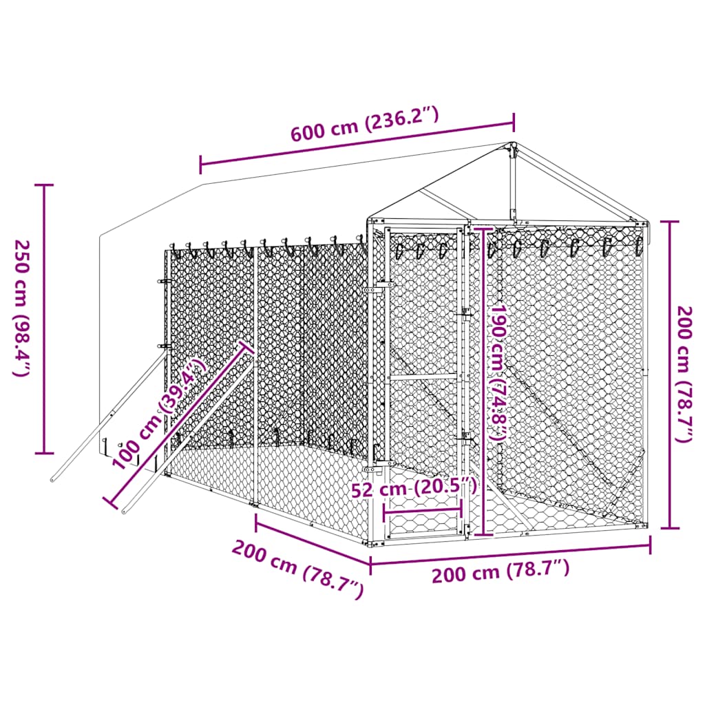 Cuccia Cani da Esterno Tetto Argento 2x6x2,5 m Acciaio Zincato | homemem39