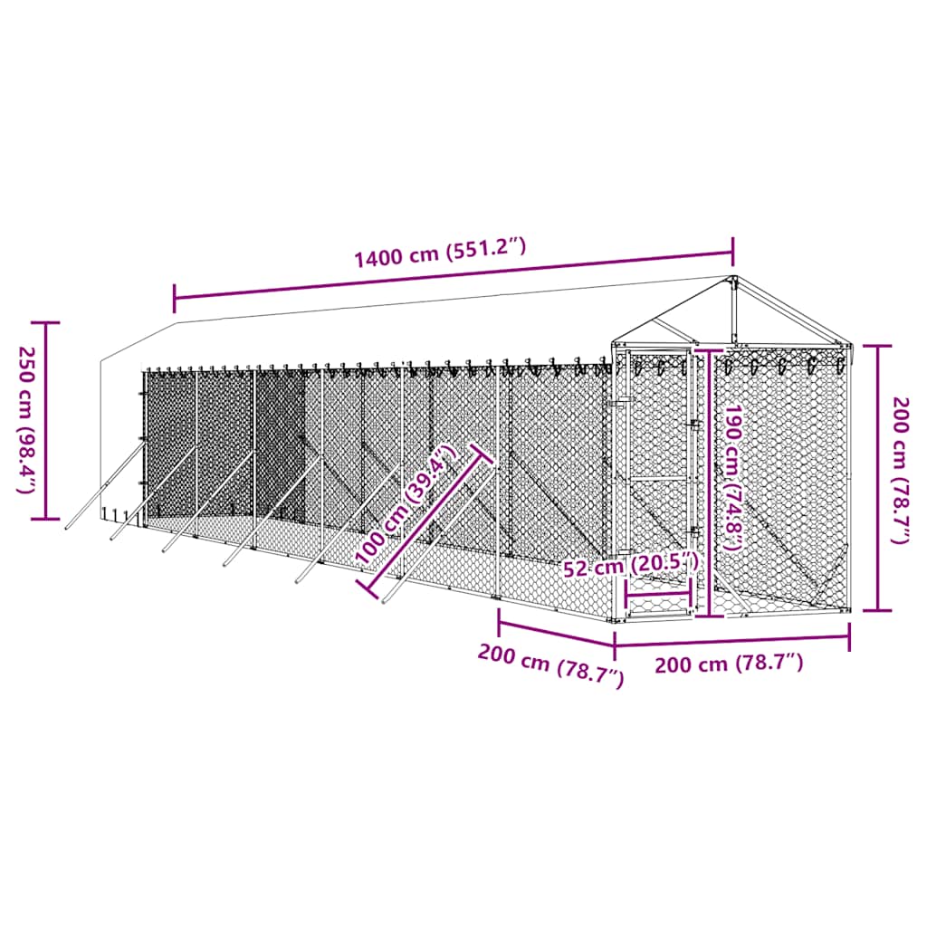 Cuccia Cani da Esterno Tetto Argento 2x14x2,5 m Acciaio Zincato | homemem39