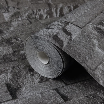Carta da Parati 3D Effetto Pietra Nero 10x0,53 m Non Tessuto - homemem39
