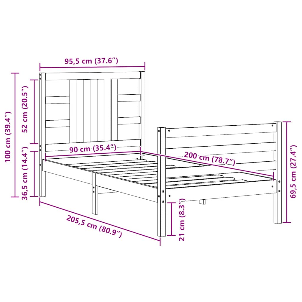 Giroletto senza Materasso 90x200 cm in Legno Massello di Pino