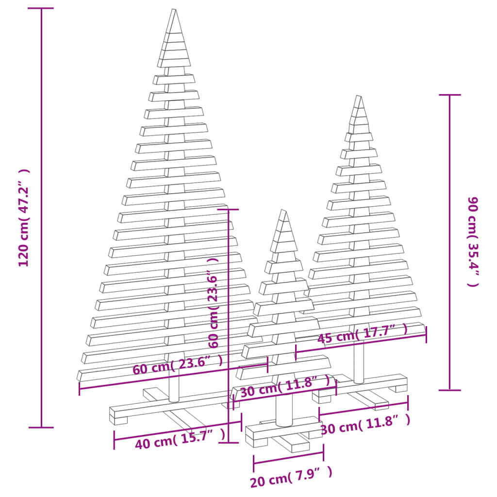 Alberi di Natale Decorativi in Legno 3pz Legno Massello di Pino