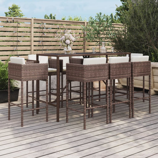 Set Bar da Giardino 9 pz con Cuscini in Polyrattan Marrone - homemem39