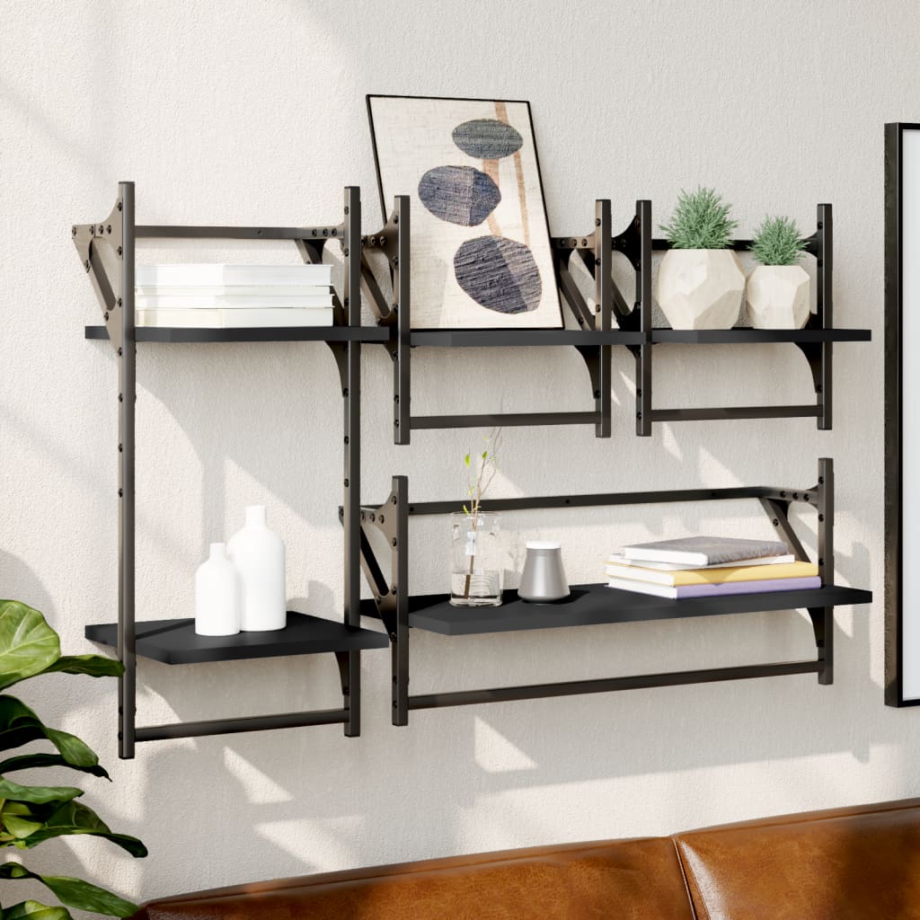 Set Mensole da Parete con Aste 4pz Nero in Legno Multistrato | homemem39