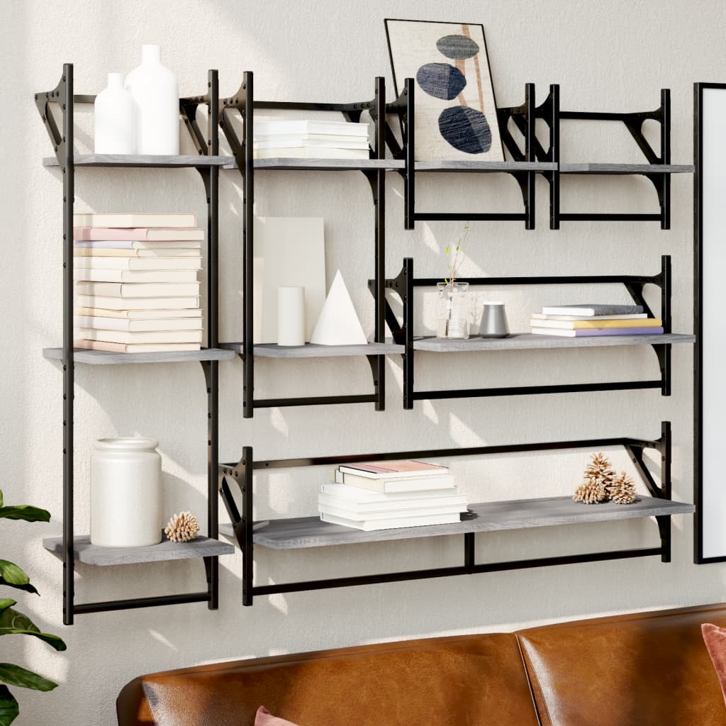 Set Mensole Parete con Aste 6pz Grigio Sonoma Legno Multistrato | homemem39