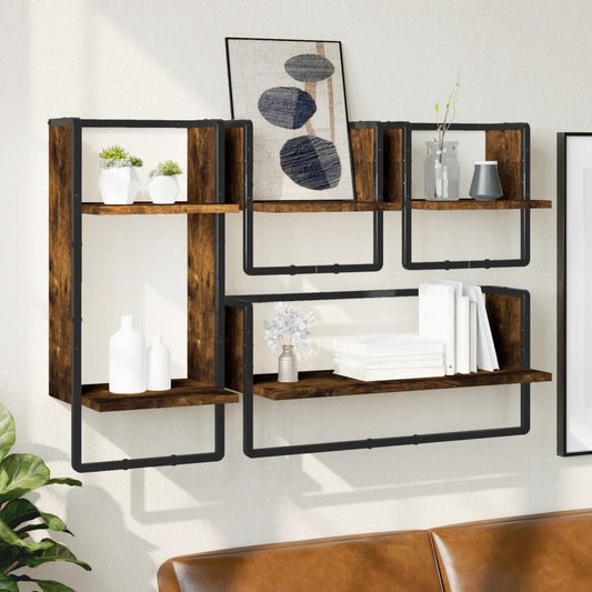 Set Mensole Parete con Aste 4pz Rovere Fumo Legno Multistrato | homemem39