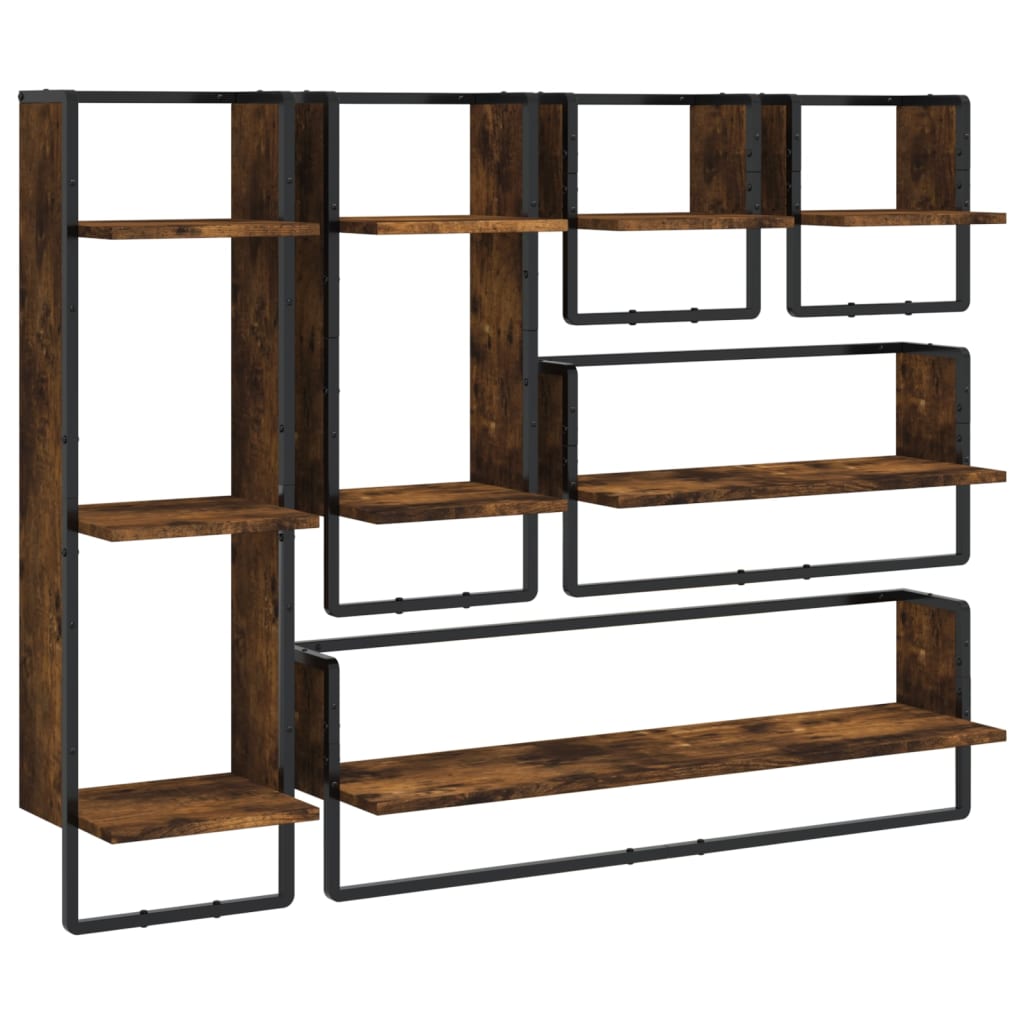 Set Mensole Parete con Aste 6pz Rovere Fumo Legno Multistrato | homemem39