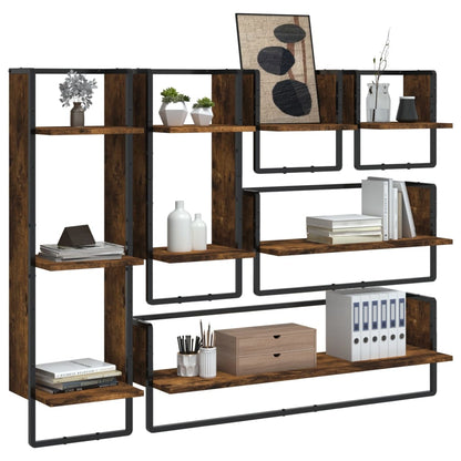 Set Mensole Parete con Aste 6pz Rovere Fumo Legno Multistrato | homemem39