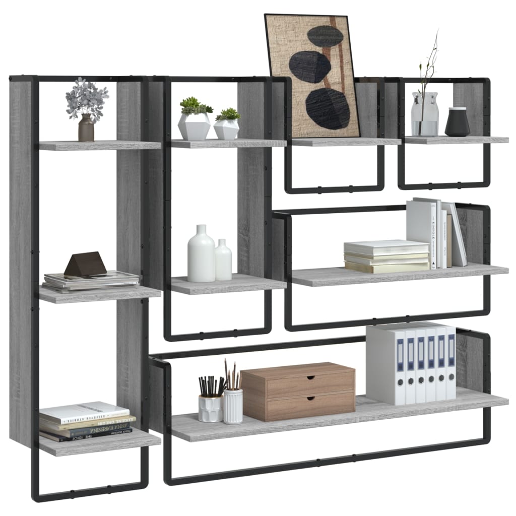 Set Mensole Parete con Aste 6pz Grigio Sonoma Legno Multistrato | homemem39