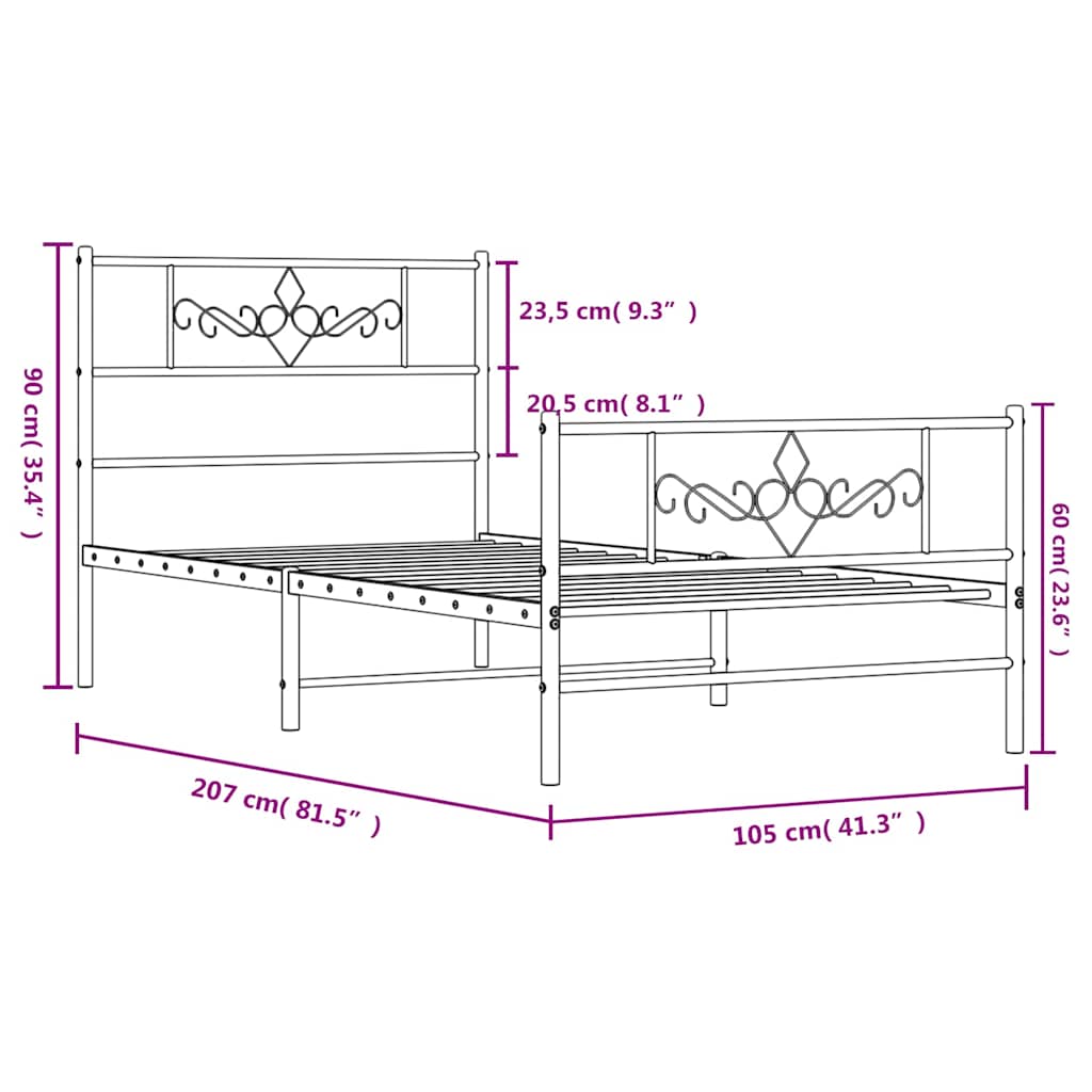 Giroletto con Testiera e Pediera Metallo Nero 100x200 cm | homemem39