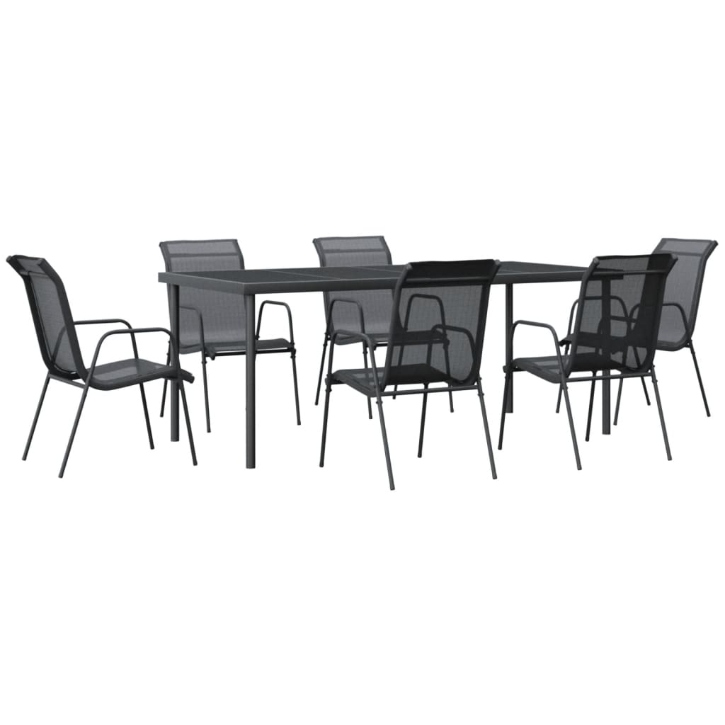 Set da Pranzo da Giardino 7 pz Nero in Acciaio e Textilene