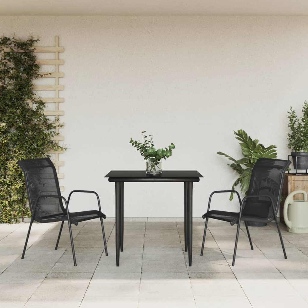 Set da Pranzo da Giardino 3 pz Nero in Acciaio e Textilene | homemem39