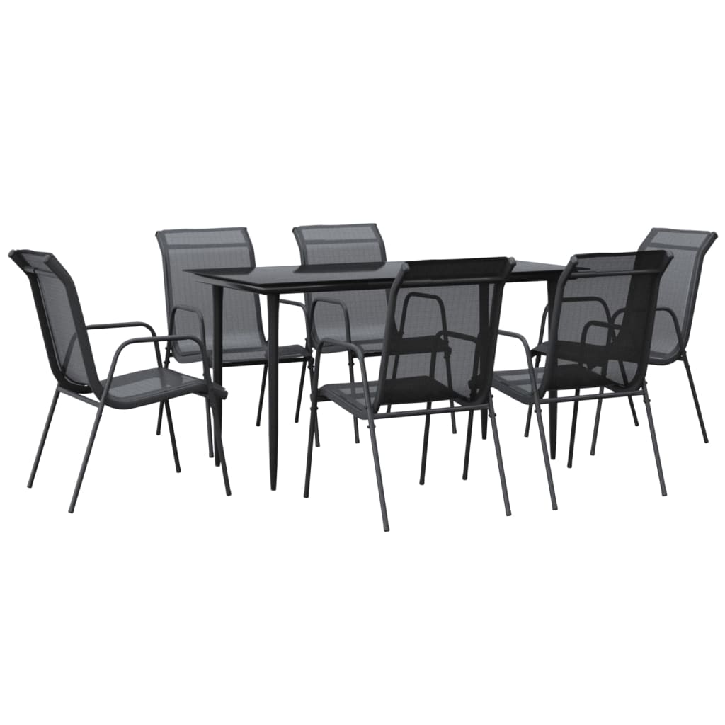 Set da Pranzo da Giardino 7 pz Nero in Acciaio e Textilene | homemem39